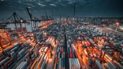 A full shipyard at night, representing Your Rights Under the Longshore and Harbor Workers' Compensation Act