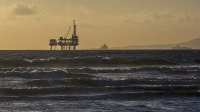 silhouette of an offshore oil platform