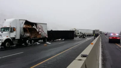 photo of a large-scale 18-wheeler trucking accident involving multiple big rig trucks